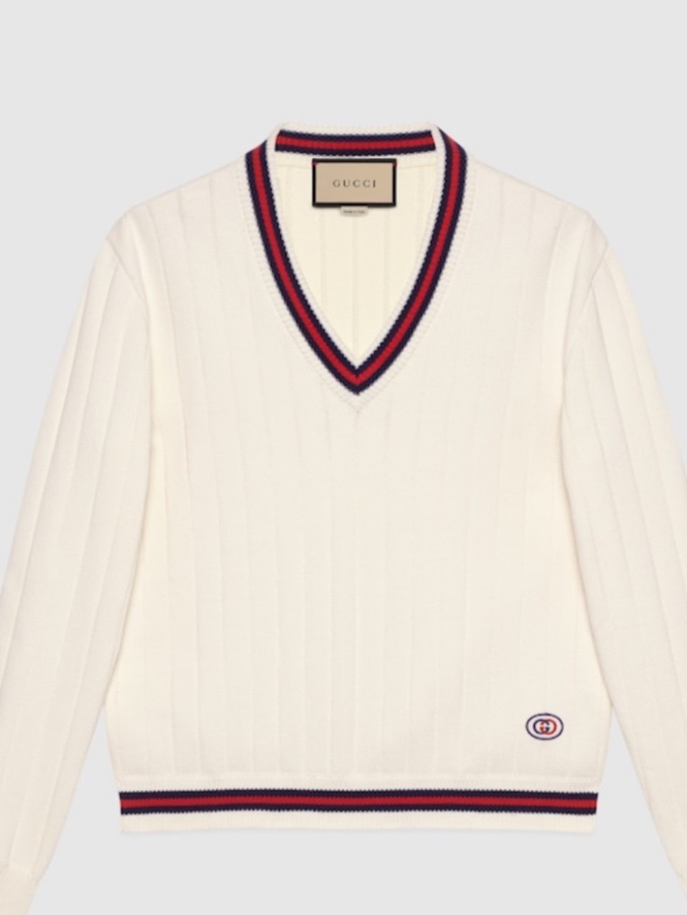 Men’s Gucci Cream V-neck long sleeve sweater with navy/red detailing. Size XS.
